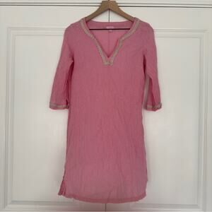 Lilly Pulitzer Pink Gold Metallic Tunic Dress 3/4 Sleeve Slit Embroidered Lace L